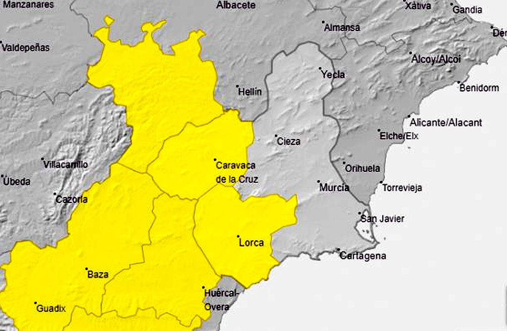 El Valle del Guadalentn, en aviso amarillo por lluvias de hasta 15 litros en una hora